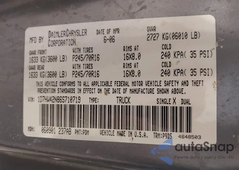 2006 Dodge Dakota Slt z USA, uszkodzony, nr VIN 1D7HW42N86S710719